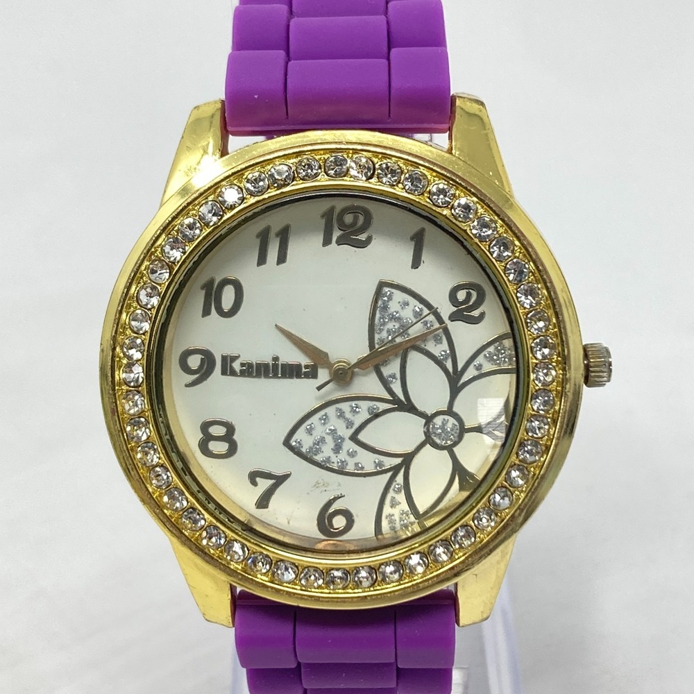 Kanima Womens Watch Floral 43mm Gold Tone Crystals Bling Purple New Battery 9"